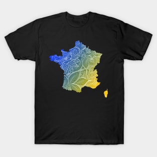 Colorful mandala art map of France with text in blue and yellow T-Shirt